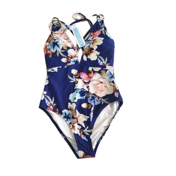 CUPSHE NWT Blue Floral Padded One Piece Swimsuit V-Neck Bathing Suit Size Small - Picture 1 of 11